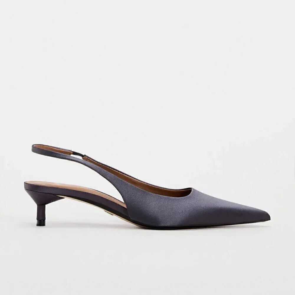 Zara Anthracite Grey Kitten Heel Slingback Pumps Pointed Toe Chic Size 7.5 NWT - Picture 14 of 16